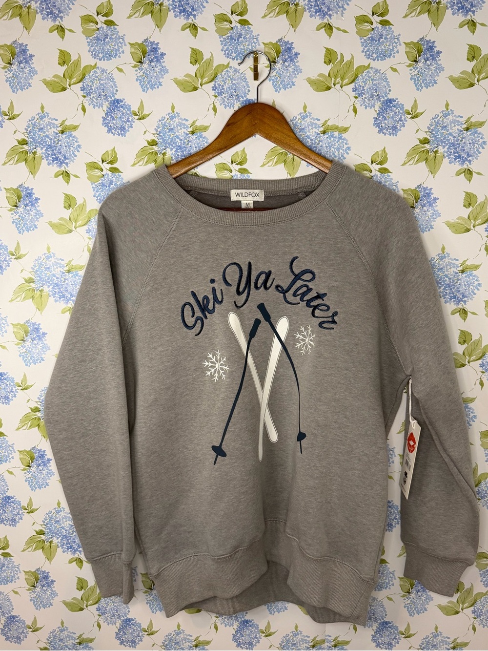 Wildfox Gray "Ski Ya Later" Pullover with Navy and White Graphic